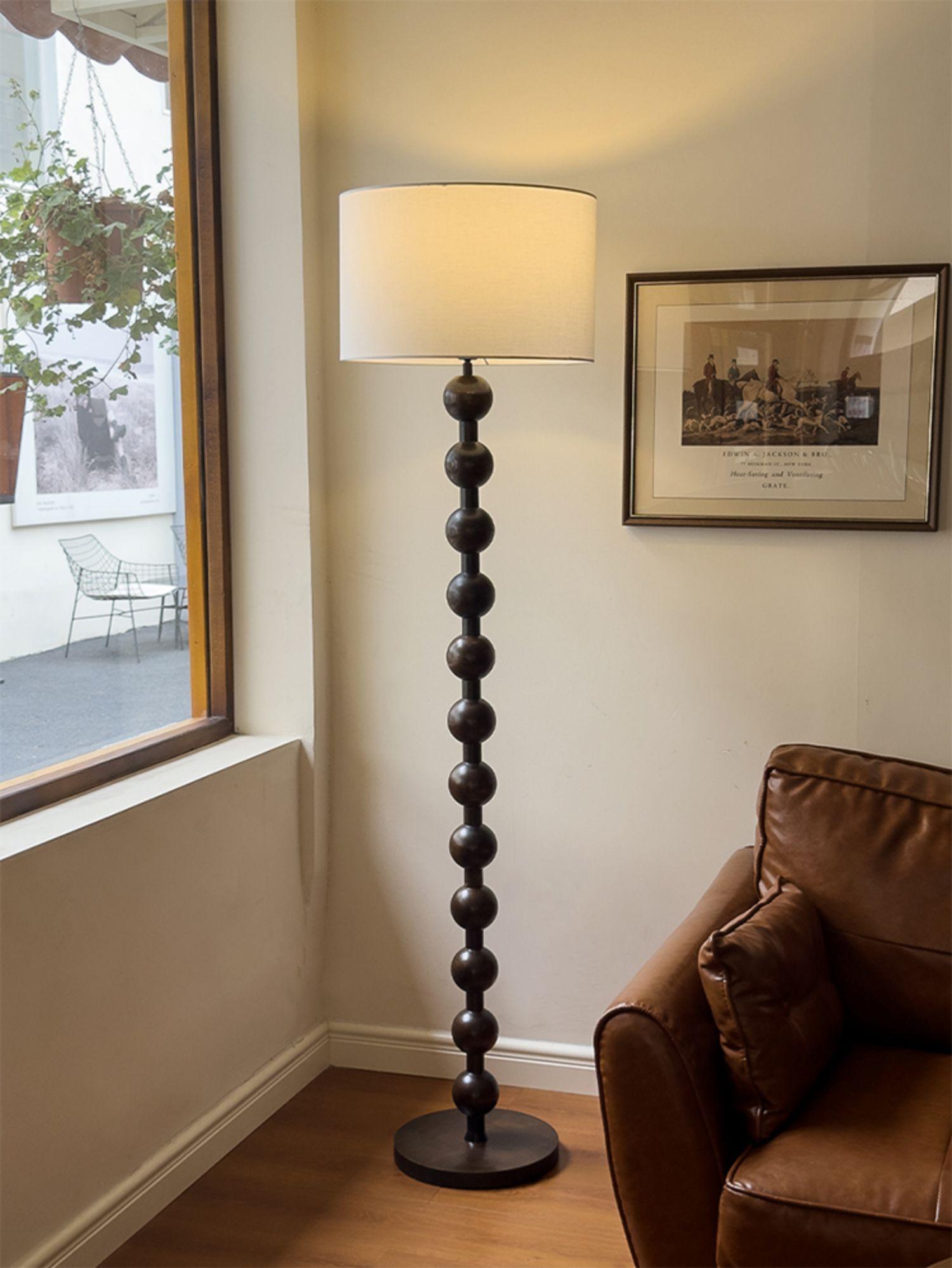 Floor Lamp Ash Wood 63 in White Fabric Shade Living Room Bedroom Accent Lighting | Thomler