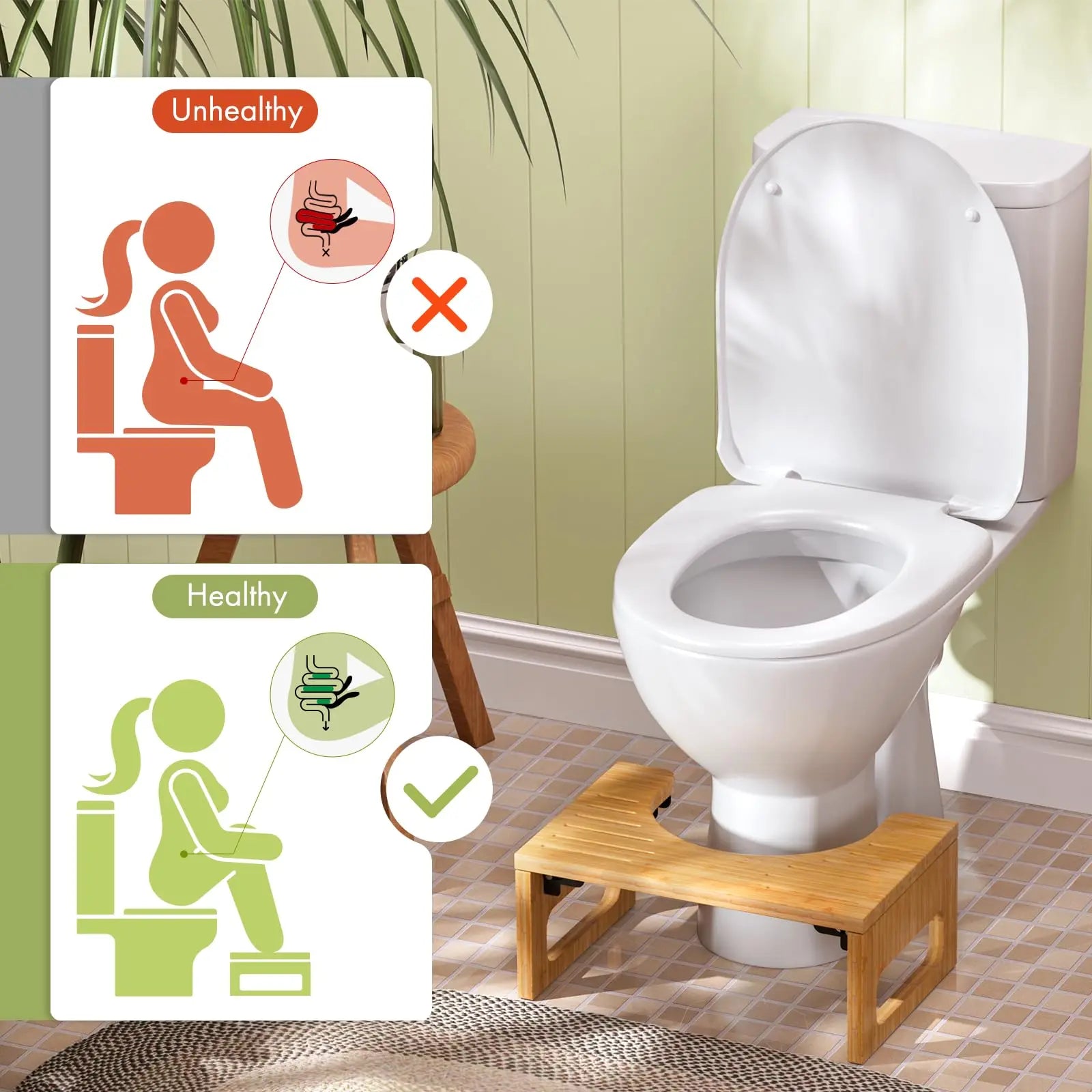 Collapsible Bathroom Footstool with Non-Slip Base – Space-Saving Bamboo Step Riser for Optimal Posture & Comfort | Thomler