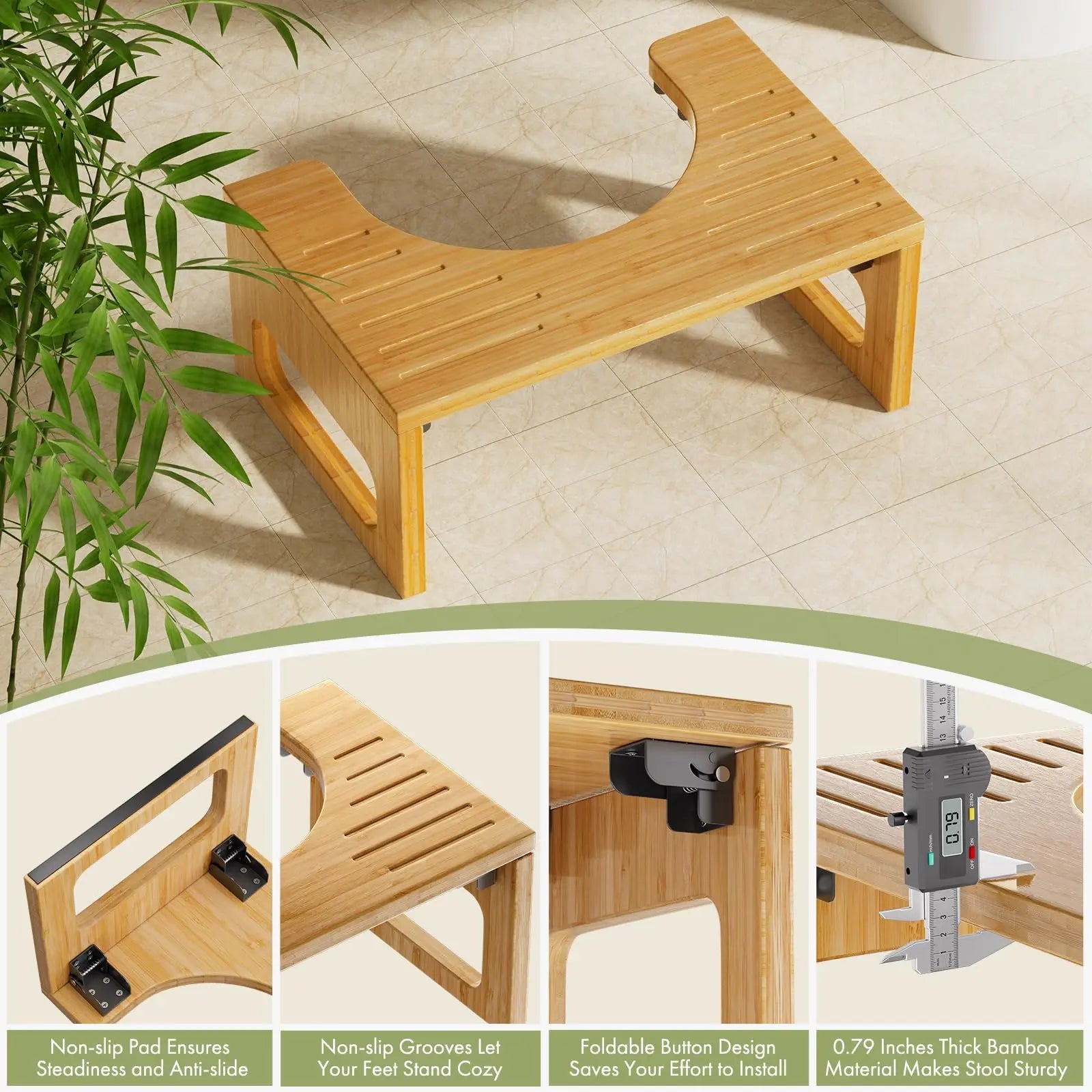 Collapsible Bathroom Footstool with Non-Slip Base – Space-Saving Bamboo Step Riser for Optimal Posture & Comfort | Thomler