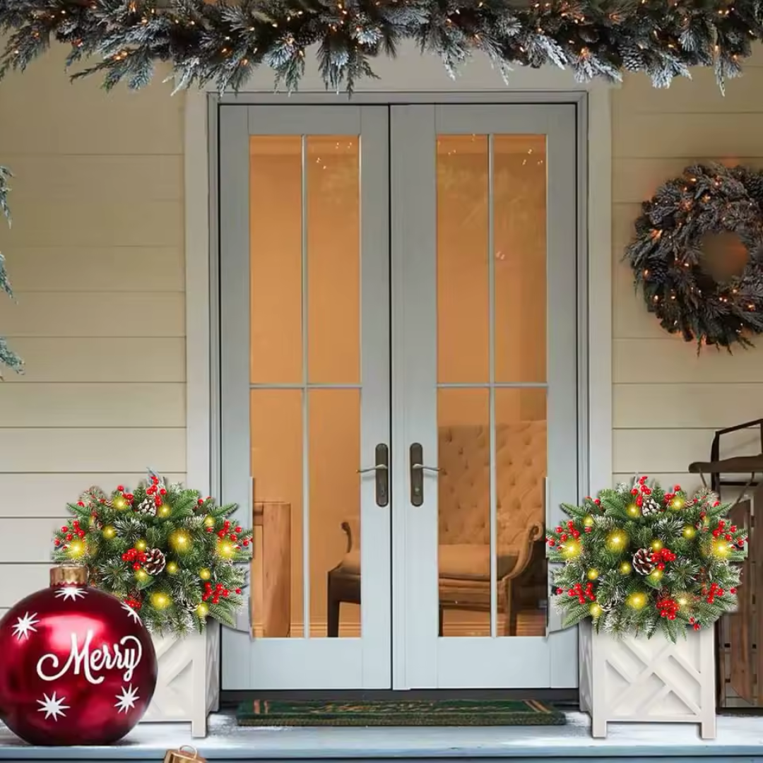 Illuminated Christmas Wreath with Stand for Planters & Holiday Display – 50 LED Lights & Timer | Thomler