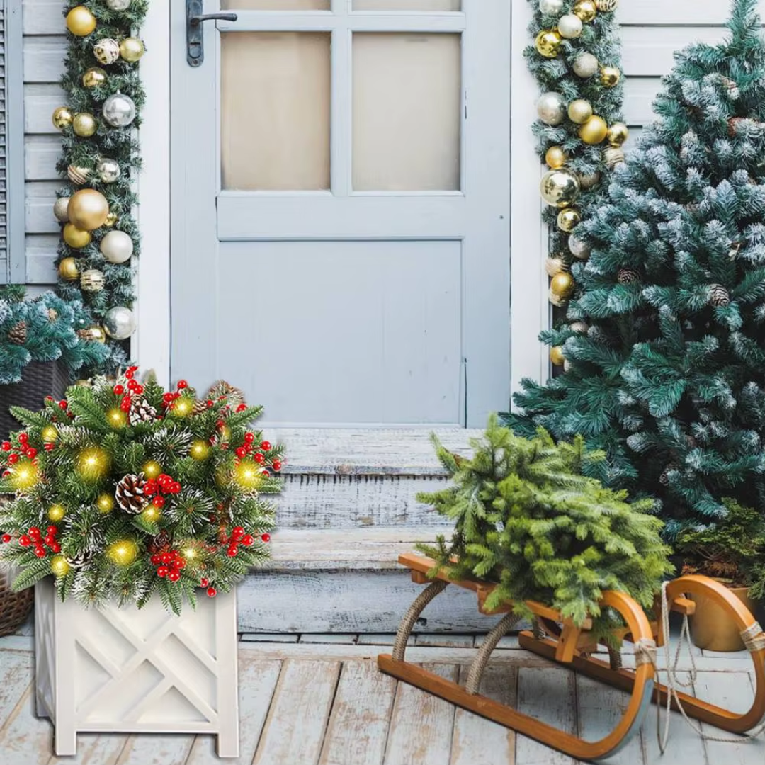 Illuminated Christmas Wreath with Stand for Planters & Holiday Display – 50 LED Lights & Timer | Thomler