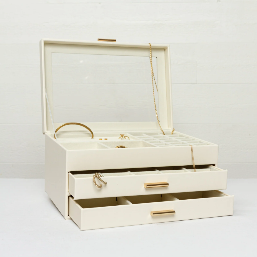 Multi-Tier Jewelry Organizer Box with Magnetic Glass Lid & Drawers for Rings, Necklaces, Earrings & Watches | Thomler