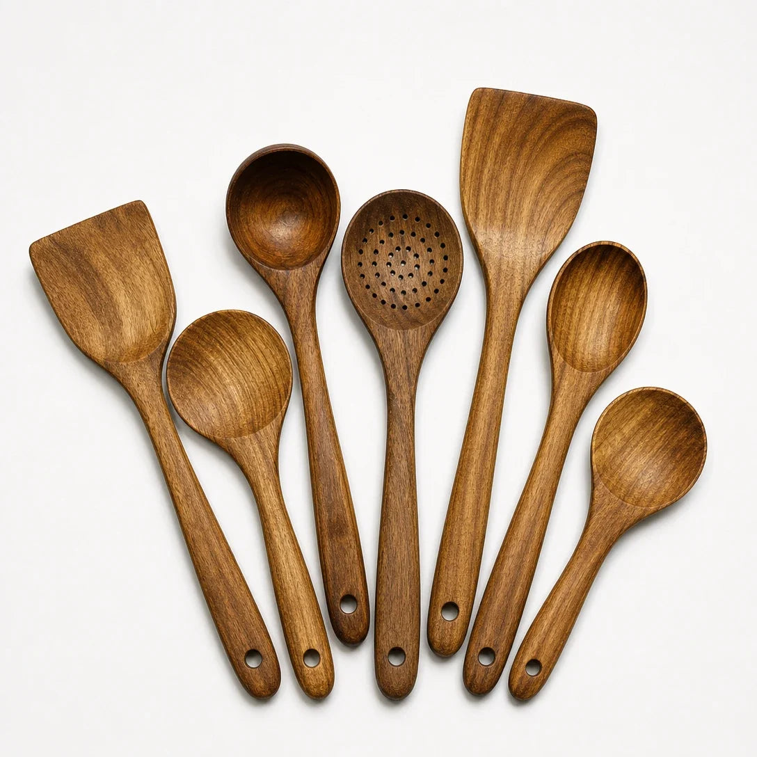 Handcrafted Teak Cooking Spoons & Spatulas – 7-Piece Nonstick-Safe Kitchen Tool Collection | Thomler