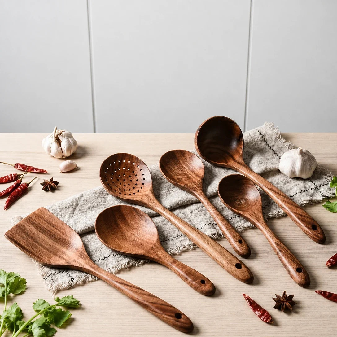 Handcrafted Teak Cooking Spoons & Spatulas – 7-Piece Nonstick-Safe Kitchen Tool Collection | Thomler
