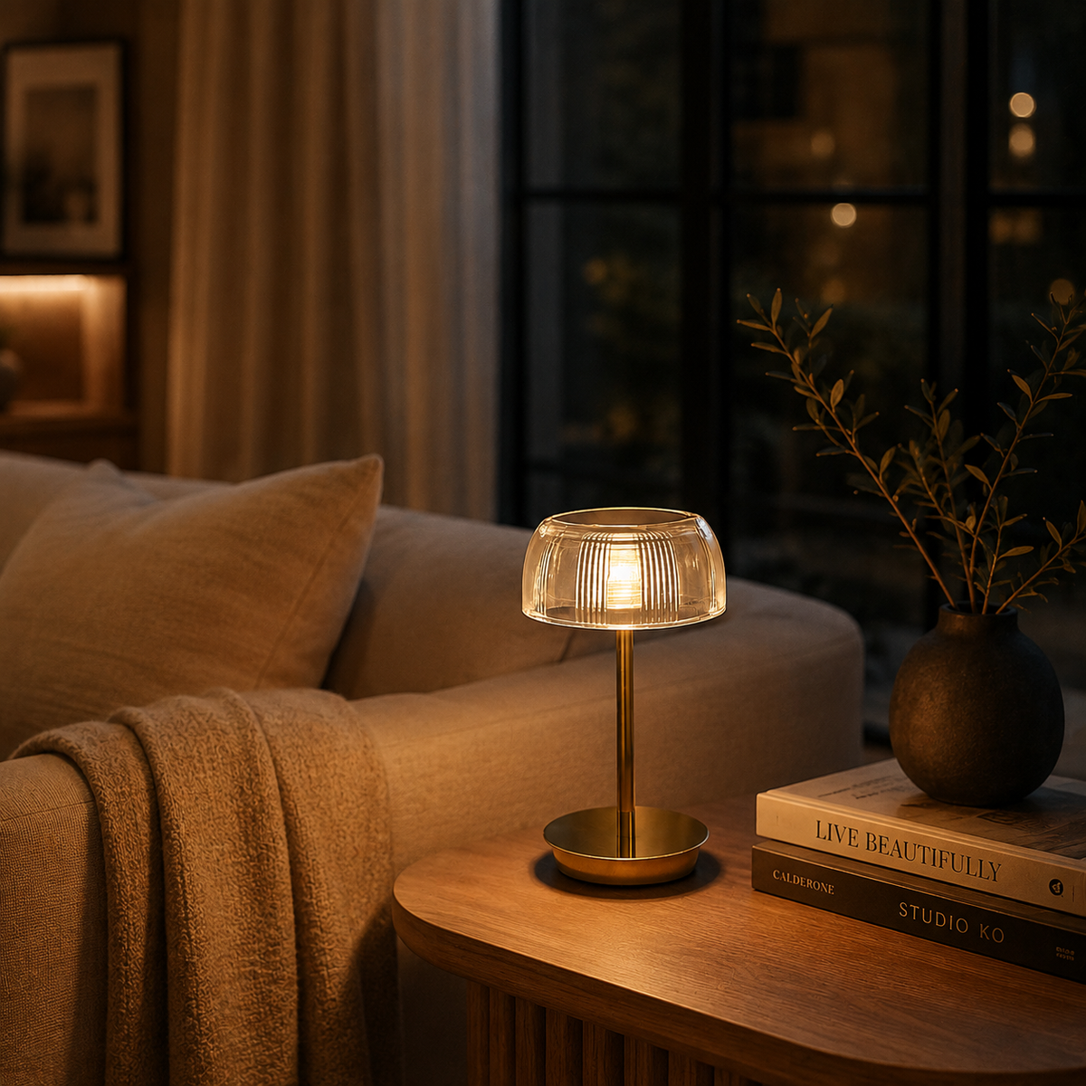 Rechargeable Touch Control LED Desk Light with Sculptural Acrylic Shade – 3 Color Modes, Wireless Marine-Inspired Bedside Accent | Thomler