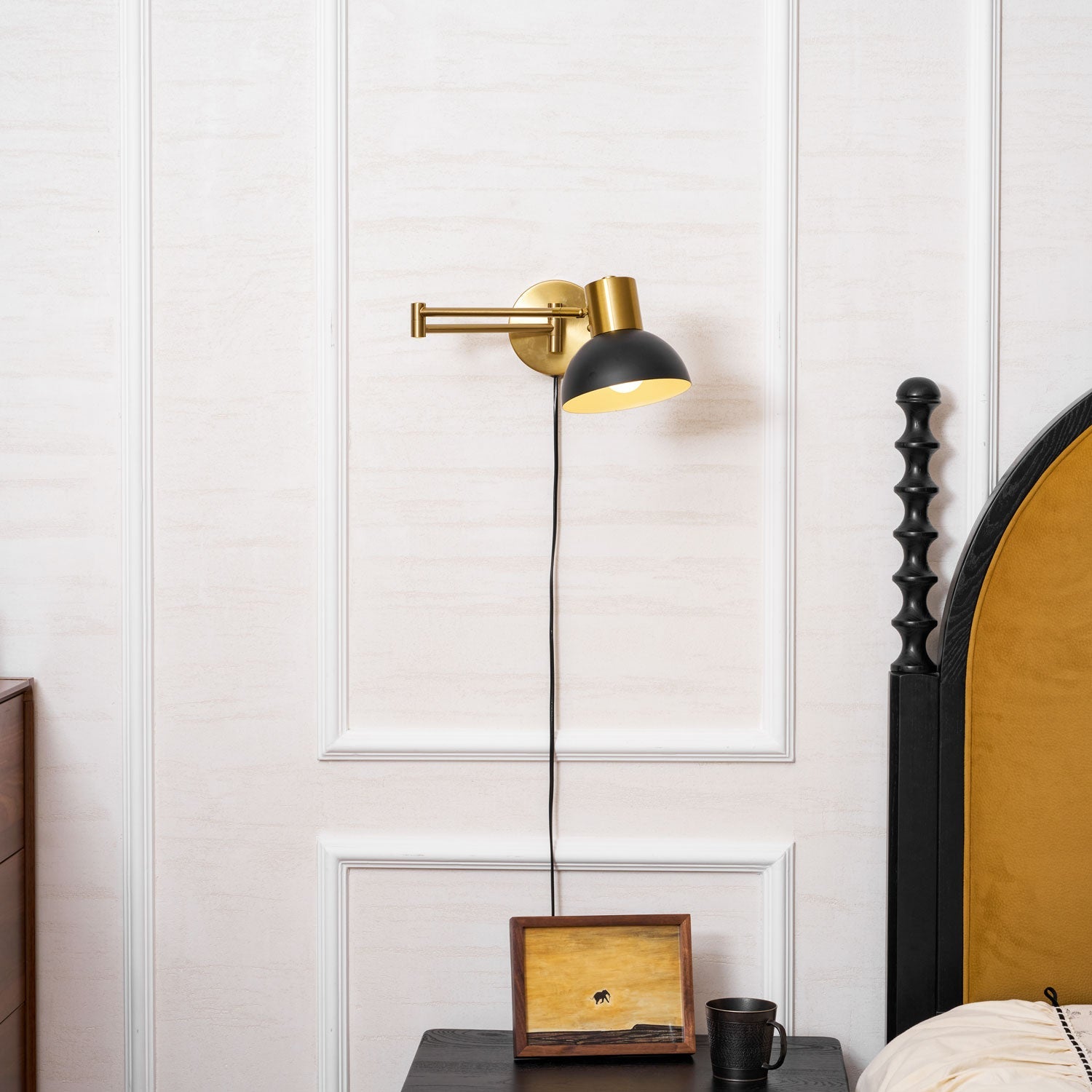 Wall Lamp Metal Adjustable Arm 27.6 in Black Gold Indoor Reading Light 360° Rotatable Shade Contemporary Bedroom Living Room | Thomler