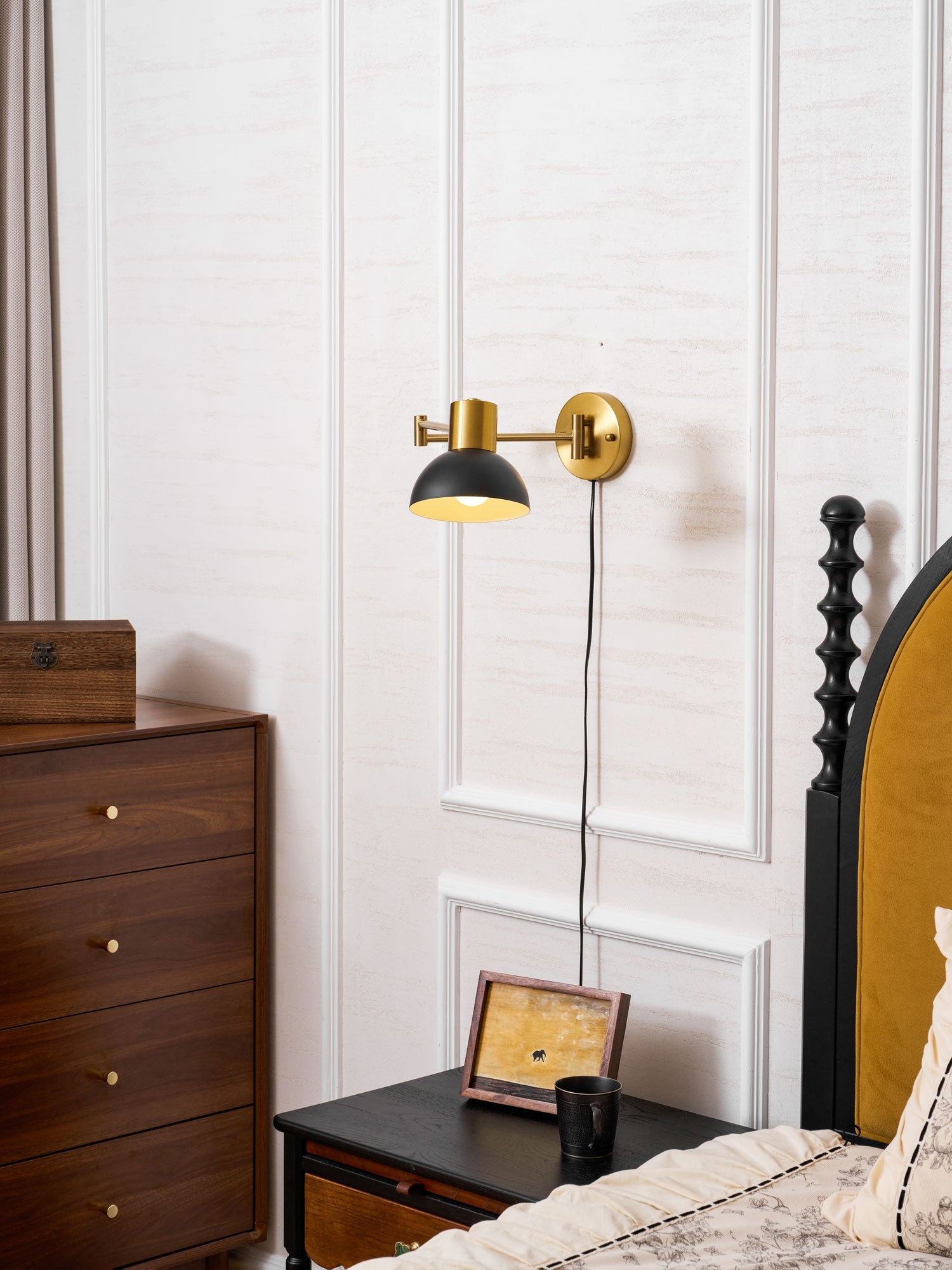 Wall Lamp Metal Adjustable Arm 27.6 in Black Gold Indoor Reading Light 360° Rotatable Shade Contemporary Bedroom Living Room | Thomler