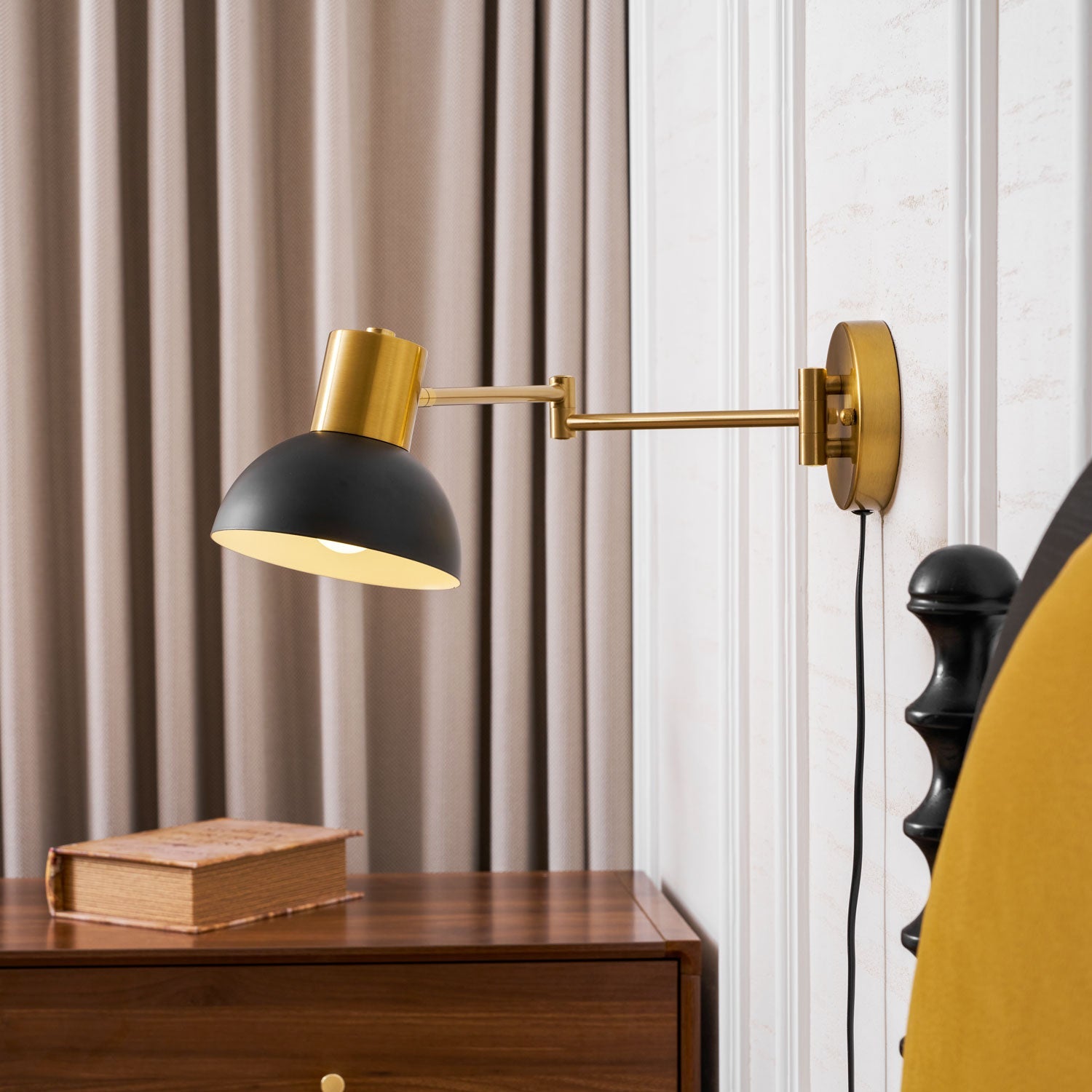 Wall Lamp Metal Adjustable Arm 27.6 in Black Gold Indoor Reading Light 360° Rotatable Shade Contemporary Bedroom Living Room | Thomler