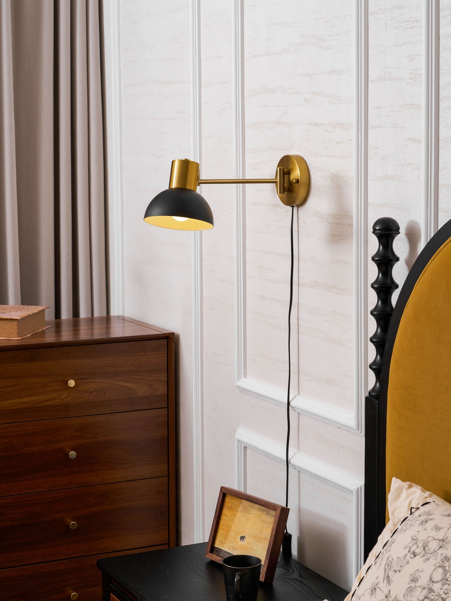 Wall Lamp Metal Adjustable Arm 27.6 in Black Gold Indoor Reading Light 360° Rotatable Shade Contemporary Bedroom Living Room | Thomler