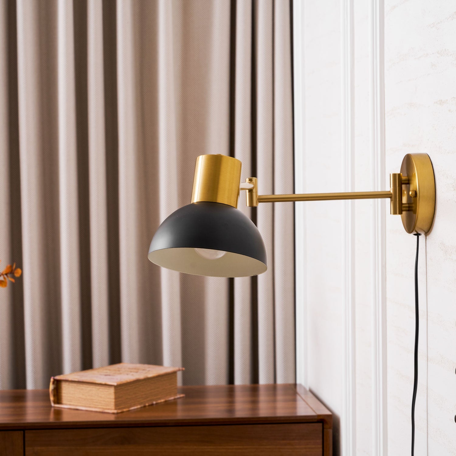Wall Lamp Metal Adjustable Arm 27.6 in Black Gold Indoor Reading Light 360° Rotatable Shade Contemporary Bedroom Living Room | Thomler