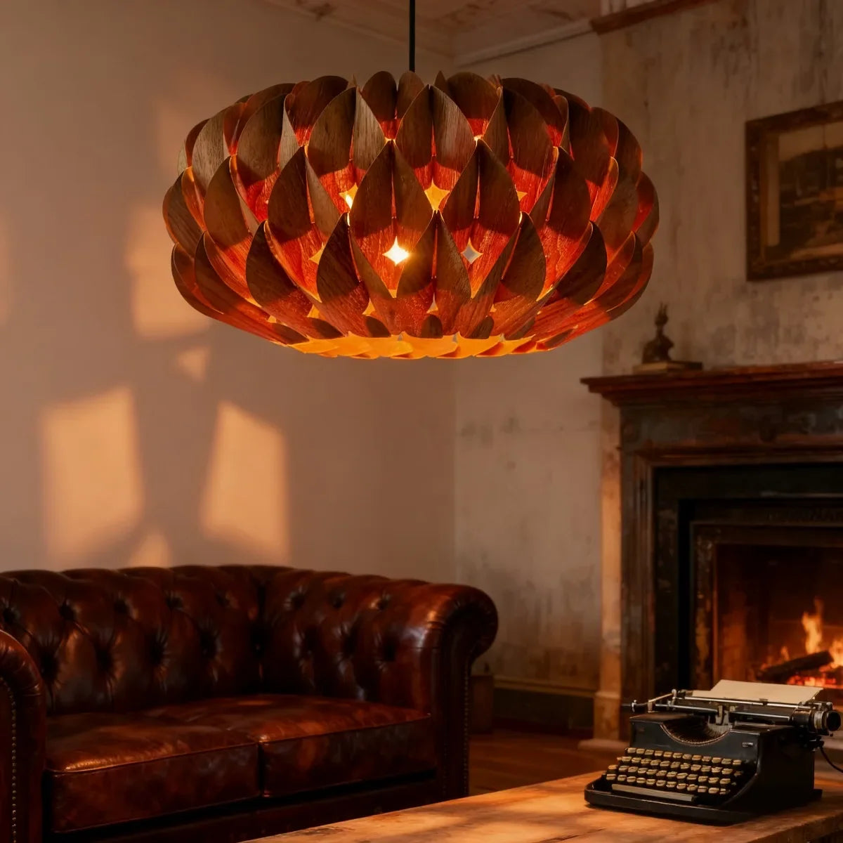 Drum Pendant Light with Natural Wood Slat Shade for Dining Room & Living Space | Thomler