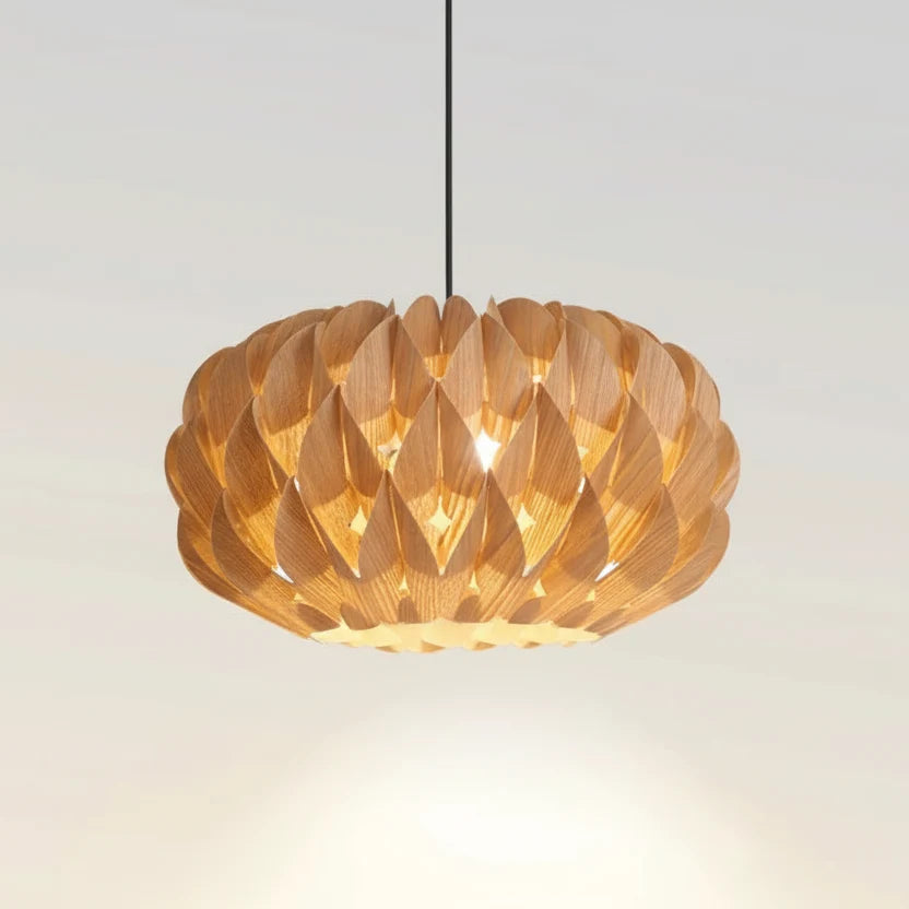 Drum Pendant Light with Natural Wood Slat Shade for Dining Room & Living Space | Thomler