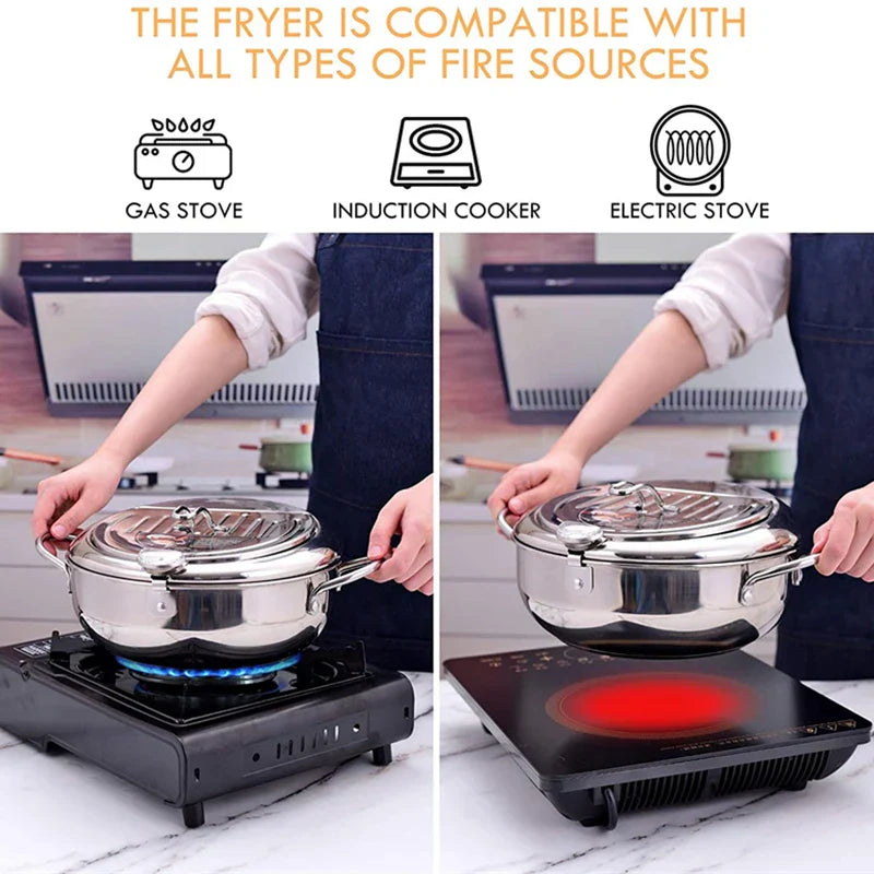 Deep Fryer Stainless Steel 24.0 cm Silver Home Cooking Temperature Control Draining Lid Oil Frying | Thomler
