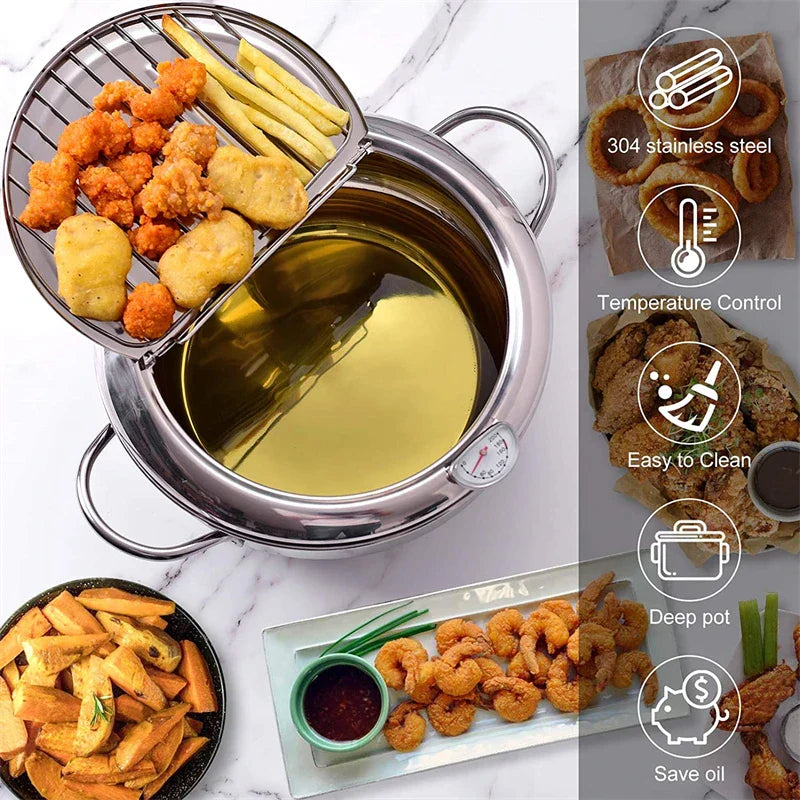 Deep Fryer Stainless Steel 24.0 cm Silver Home Cooking Temperature Control Draining Lid Oil Frying | Thomler