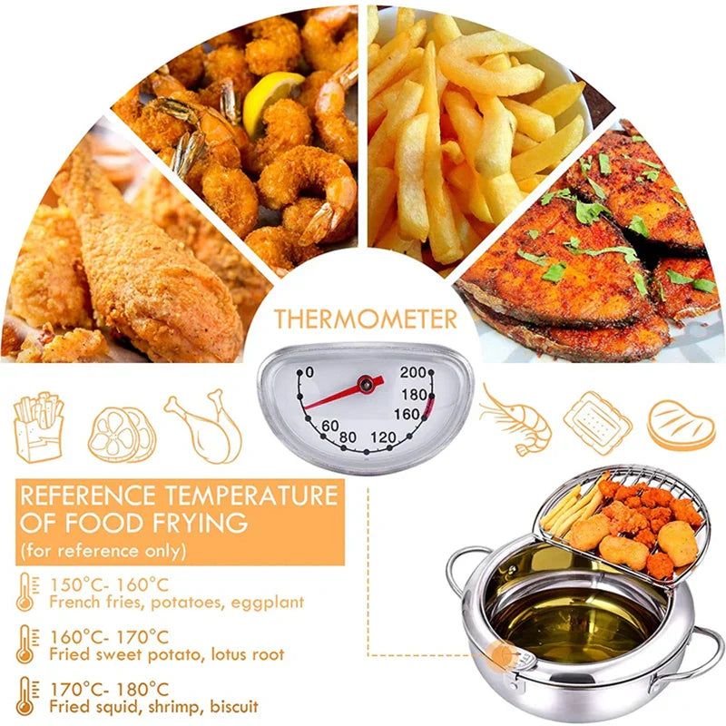 Deep Fryer Stainless Steel 24.0 cm Silver Home Cooking Temperature Control Draining Lid Oil Frying | Thomler