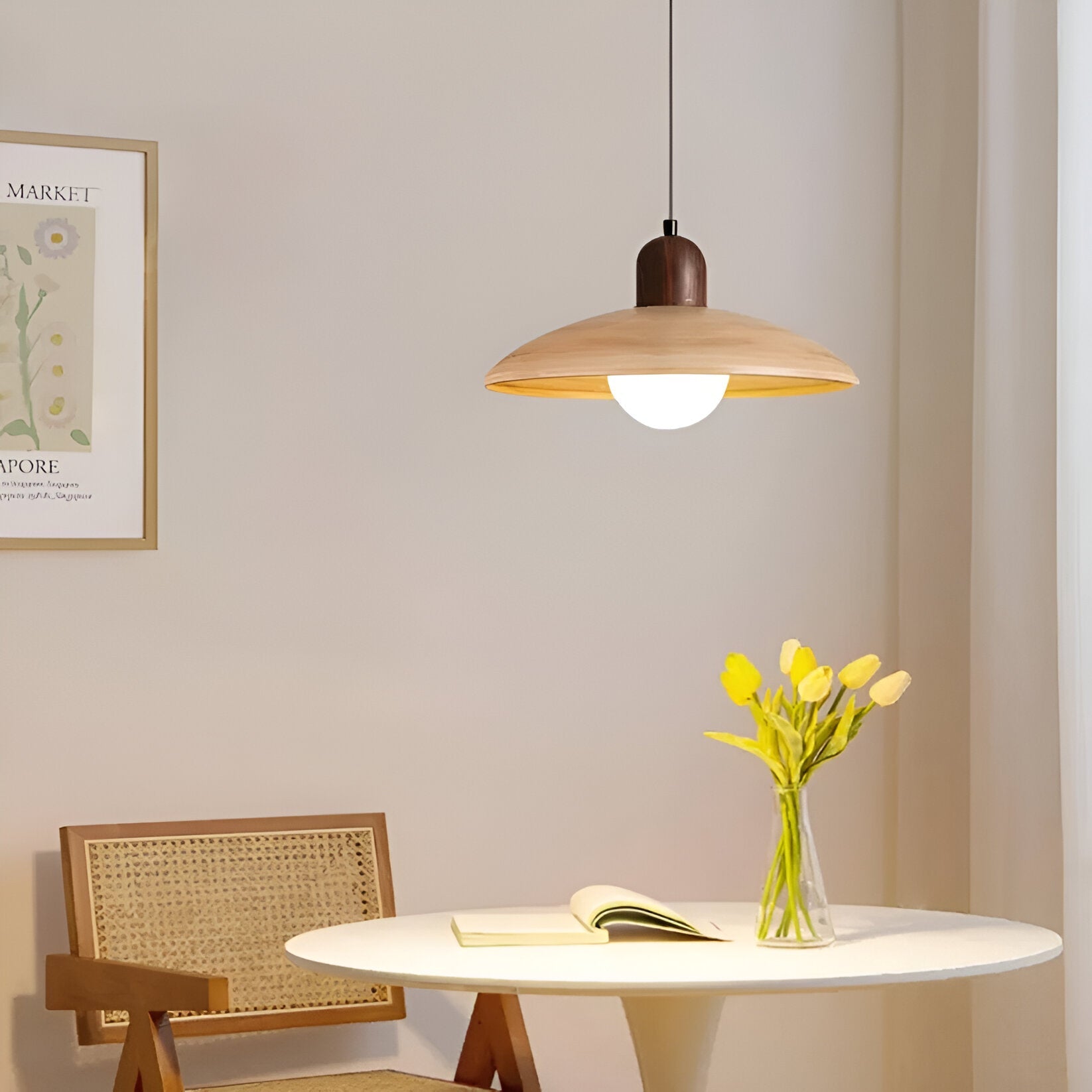 Pendant Light Wood Dome 11.8 in Walnut Dining Room Kitchen Island Hanging Ceiling Lamp Minimalist Japandi Style | Thomler