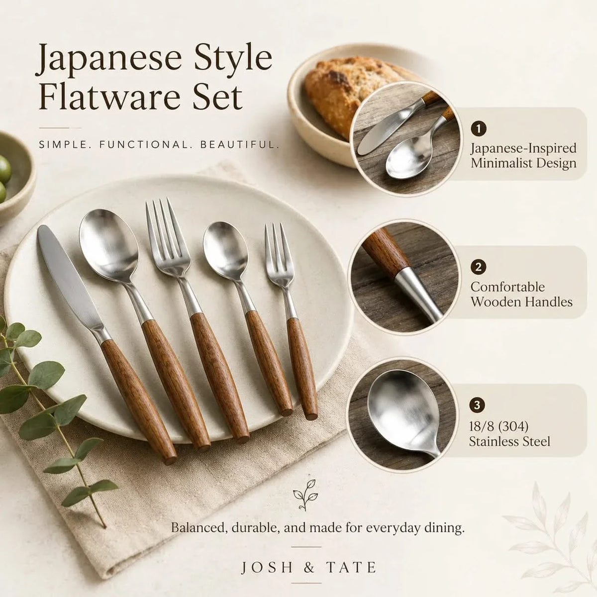 Timber-Grip Stainless Steel Cutlery Collection – 5, 20 or 30 Piece Dining Sets with Natural Wood Accents | Thomler