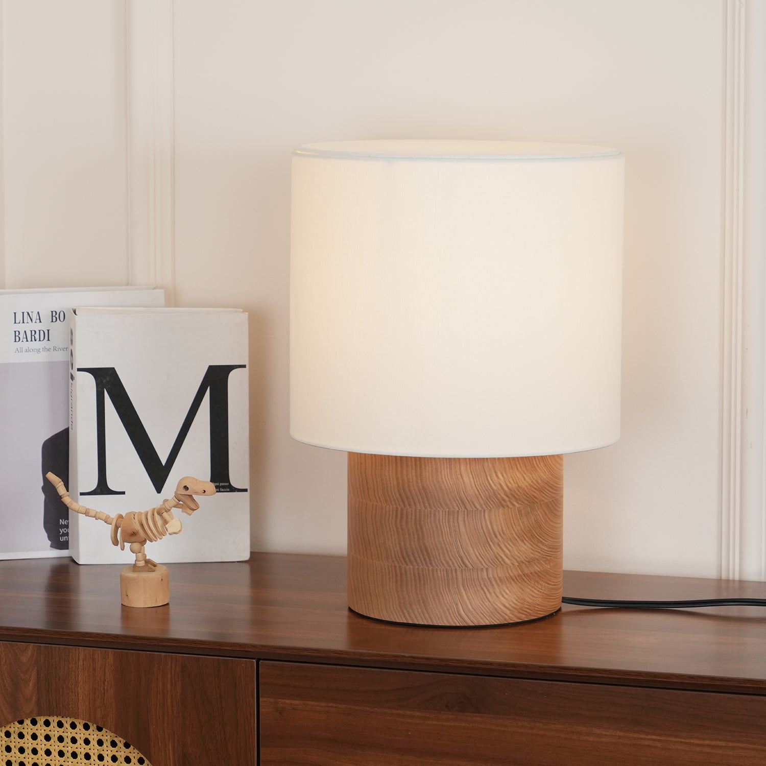 Table Lamp Wood Fabric Shade 11.8 in Bedroom Nightstand Living Room Wabi Sabi Rustic Minimalist Lighting | Thomler