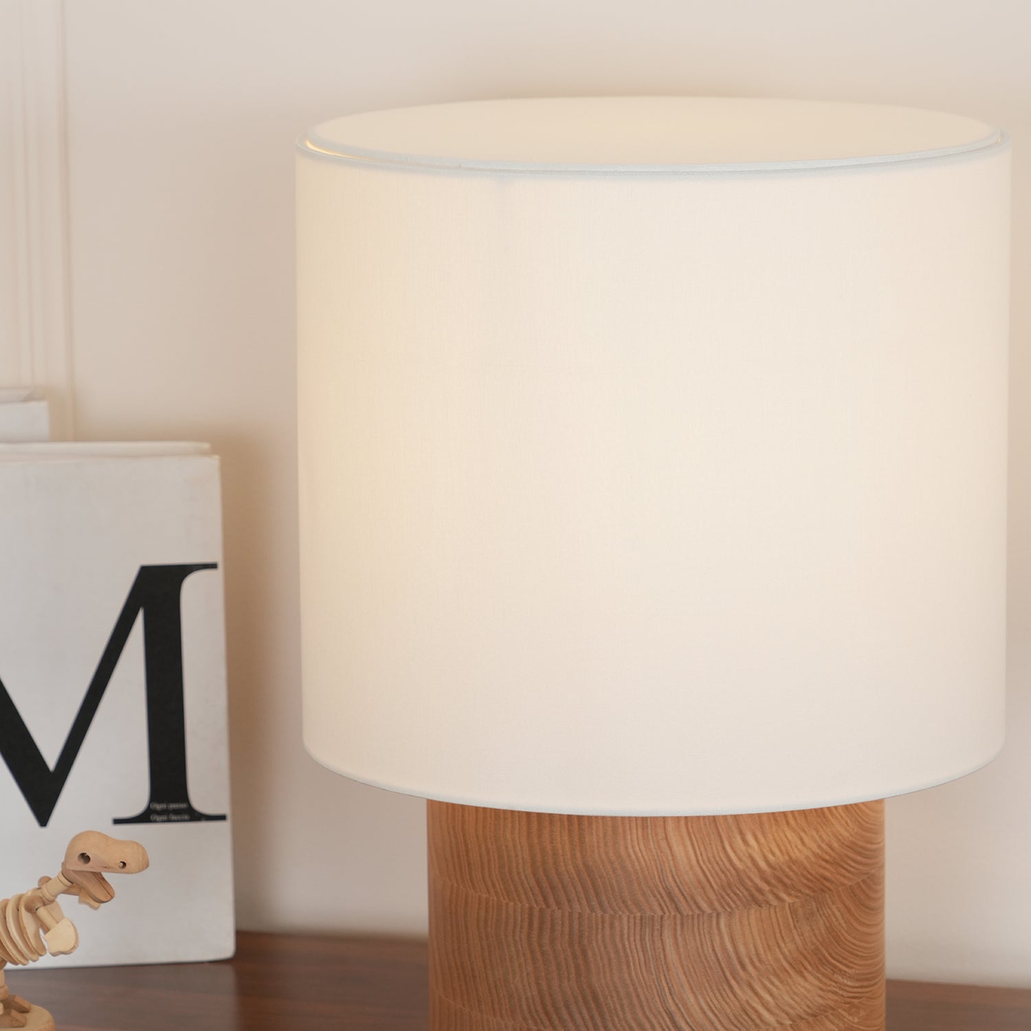 Table Lamp Wood Fabric Shade 11.8 in Bedroom Nightstand Living Room Wabi Sabi Rustic Minimalist Lighting | Thomler