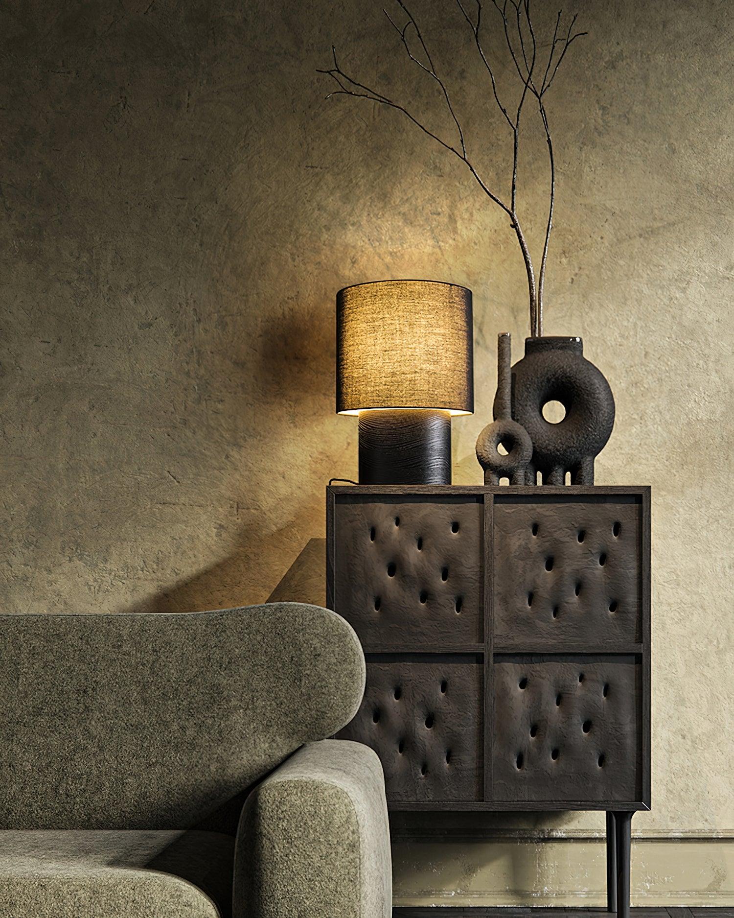 Table Lamp Wood Fabric Shade 11.8 in Bedroom Nightstand Living Room Wabi Sabi Rustic Minimalist Lighting | Thomler