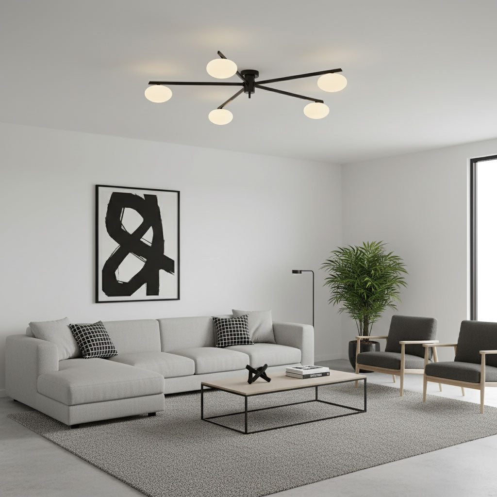 Ceiling Lamp 33.5 in White Glass LED Indoor Modern Minimalist Light Fixture | Black Arms Adjustable Dining Living Room Kitchen Pendant | Thomler