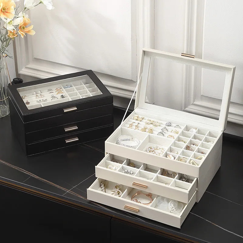 Multi-Tier Jewelry Organizer Box with Magnetic Glass Lid & Drawers for Rings, Necklaces, Earrings & Watches | Thomler