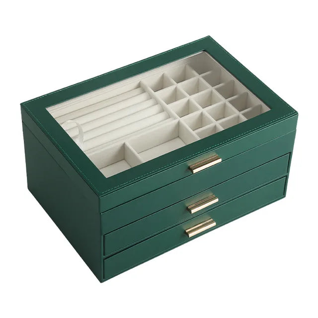 Multi-Tier Jewelry Organizer Box with Magnetic Glass Lid & Drawers for Rings, Necklaces, Earrings & Watches | Thomler