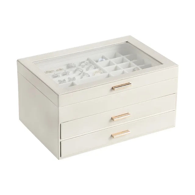 Multi-Tier Jewelry Organizer Box with Magnetic Glass Lid & Drawers for Rings, Necklaces, Earrings & Watches | Thomler