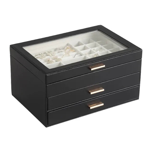 Multi-Tier Jewelry Organizer Box with Magnetic Glass Lid & Drawers for Rings, Necklaces, Earrings & Watches | Thomler