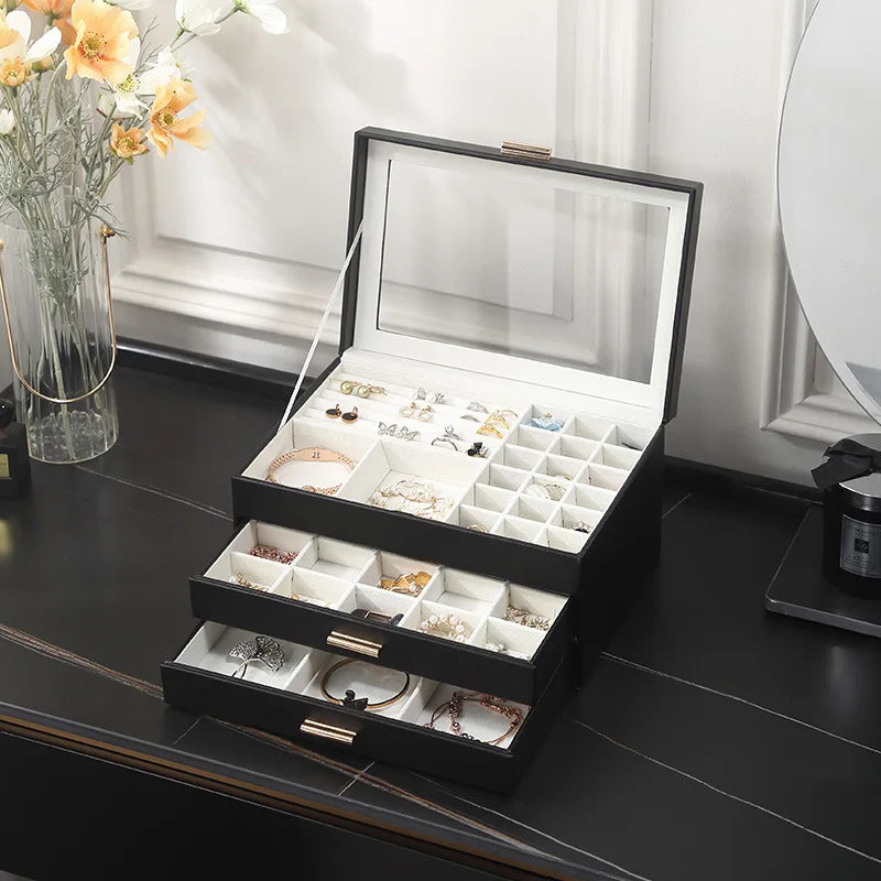 Multi-Tier Jewelry Organizer Box with Magnetic Glass Lid & Drawers for Rings, Necklaces, Earrings & Watches | Thomler