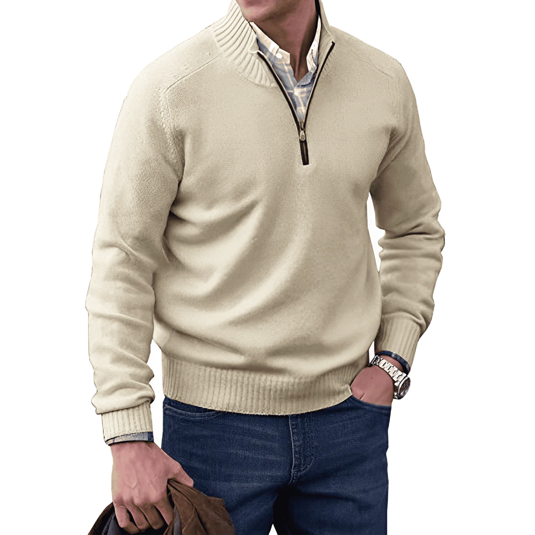 Half-Zip Knit Sweater with Ribbed Cuffs and High Neck for Men – Solid Color Cotton Blend Pullover for Casual Wear, Dressy Events, and Everyd | Thomler