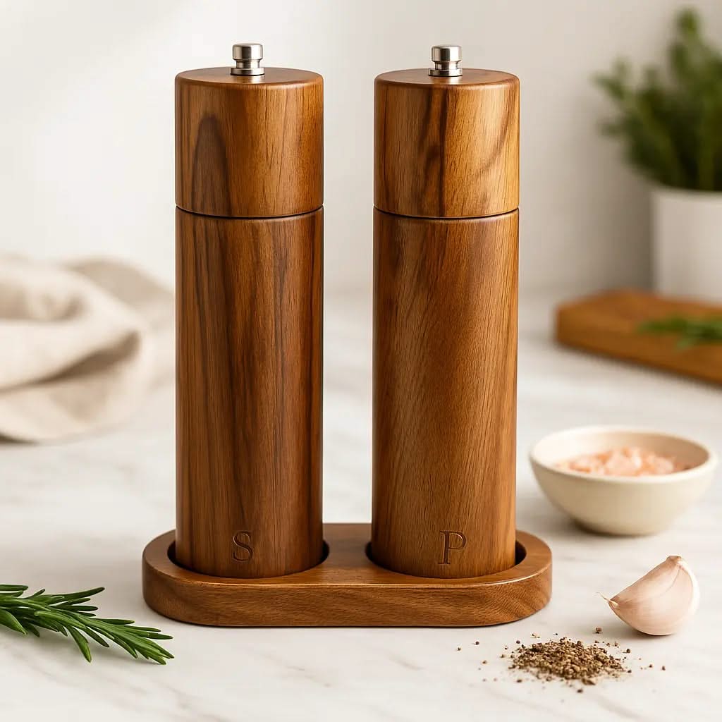 Dual Mill Condiment Grinder Stand with Wooden Finish for Countertop Storage & Fresh Spice Dispensing | Thomler