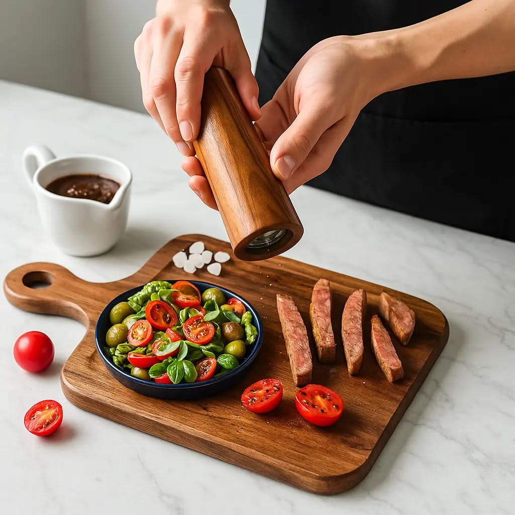 Dual Mill Condiment Grinder Stand with Wooden Finish for Countertop Storage & Fresh Spice Dispensing | Thomler