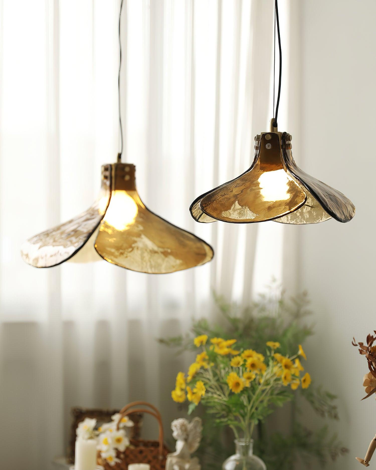 Glass Leaf Ceiling Fixture E27 Bronze Frame Adjustable Drop Cord Ambient Overhead Lighting for Dining Tables Kitchen Counter Modern Home | Thomler