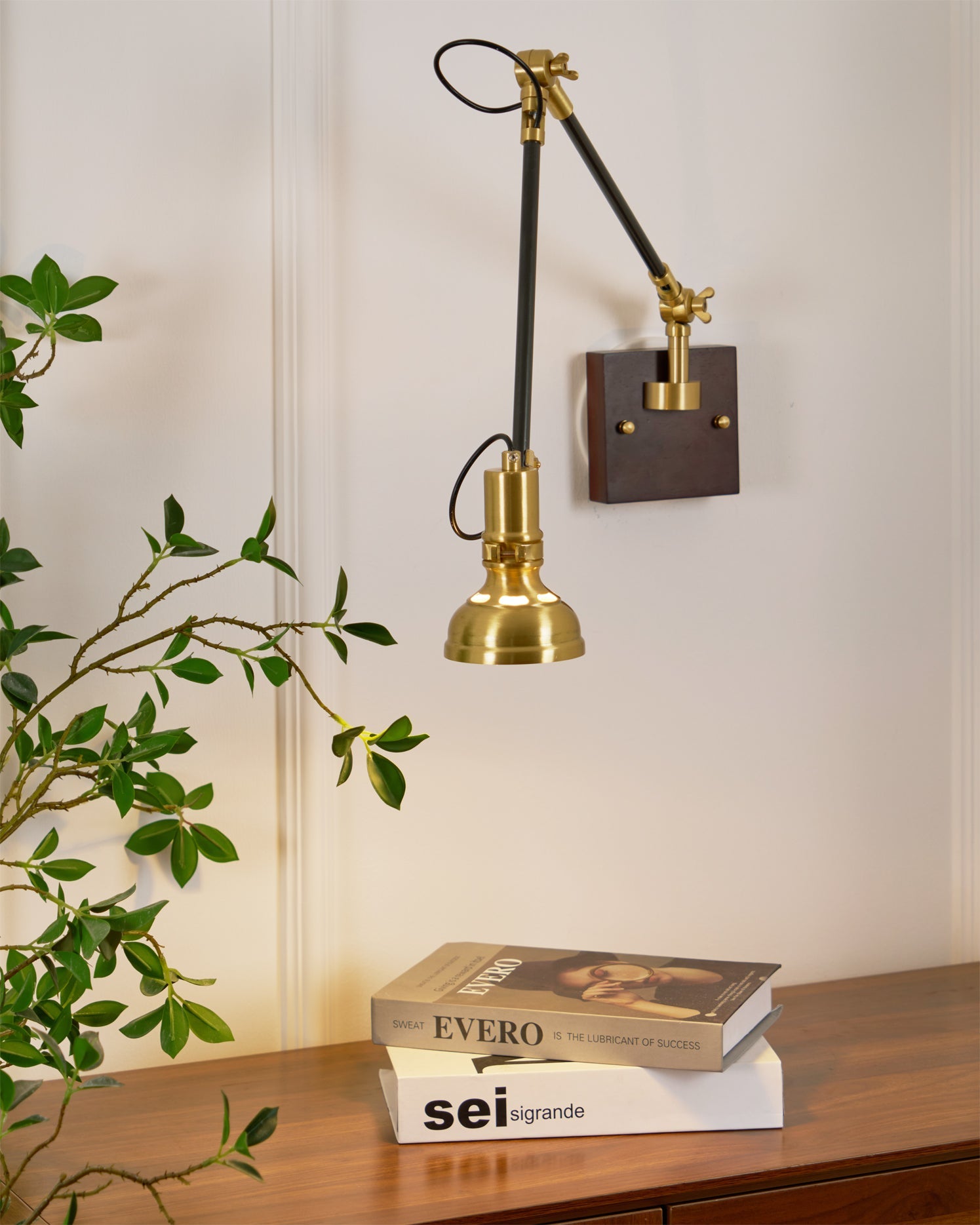 Wall Lamp Wood Brass 27.2 in Adjustable Indoor Reading Light Bedroom Office Swing Arm Fixture | Thomler