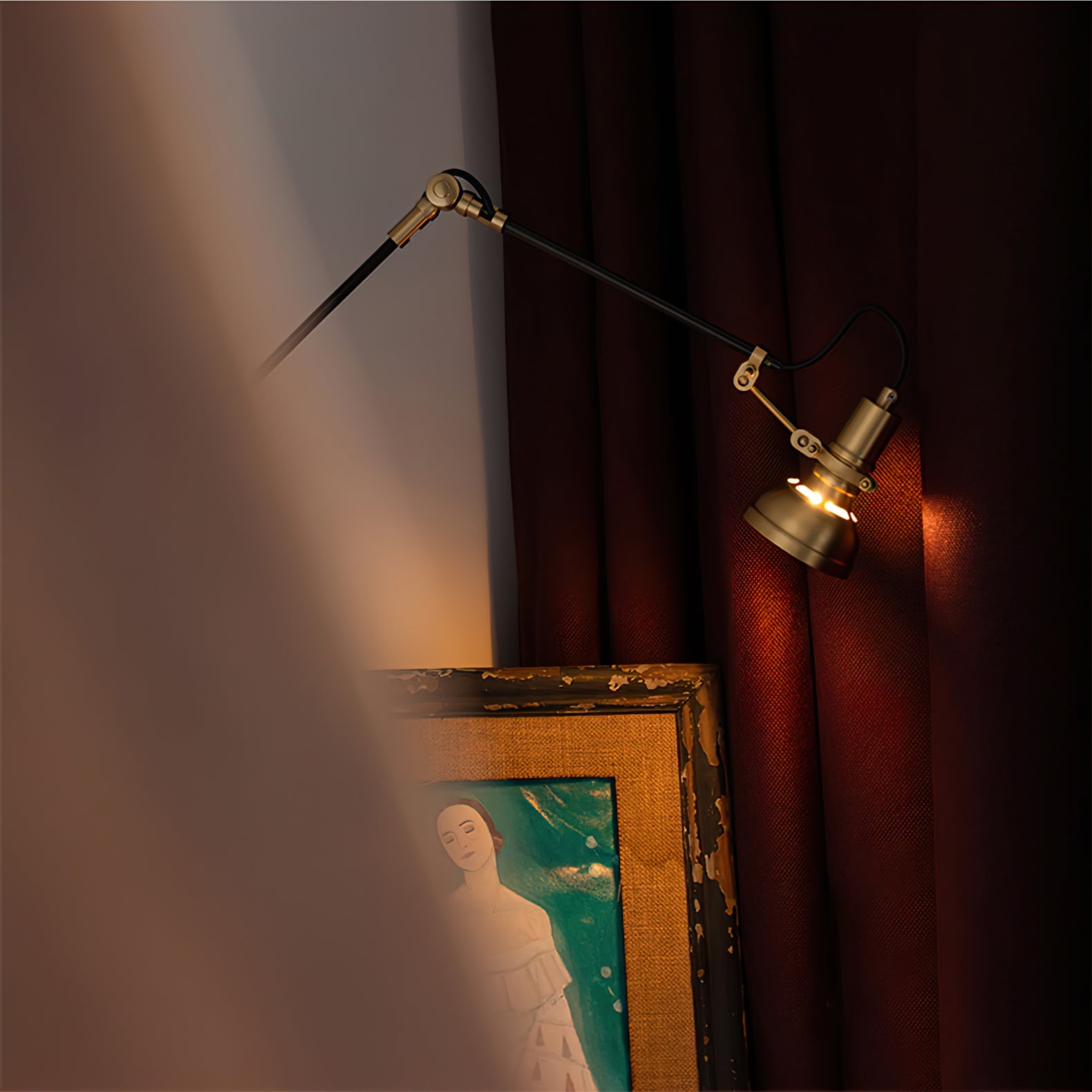 Wall Lamp Wood Brass 27.2 in Adjustable Indoor Reading Light Bedroom Office Swing Arm Fixture | Thomler