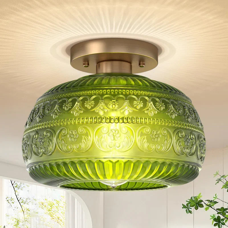 Ceiling Light Glass 9 in Semi Flush Mount Amber Clear Green Living Room Bedroom Hallway Lighting Fixture | Thomler