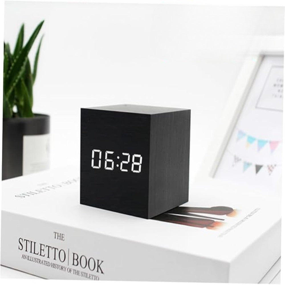 Cube LED Alarm Clock — Wood-Grain Digital Display with Temperature & Date, Auto-Dim Night Mode for Bedroom, Office & Kitchen | Thomler