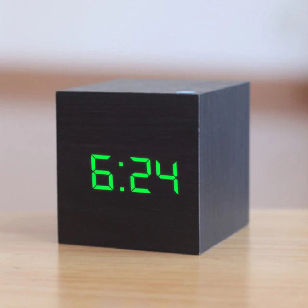 Cube LED Alarm Clock — Wood-Grain Digital Display with Temperature & Date, Auto-Dim Night Mode for Bedroom, Office & Kitchen | Thomler