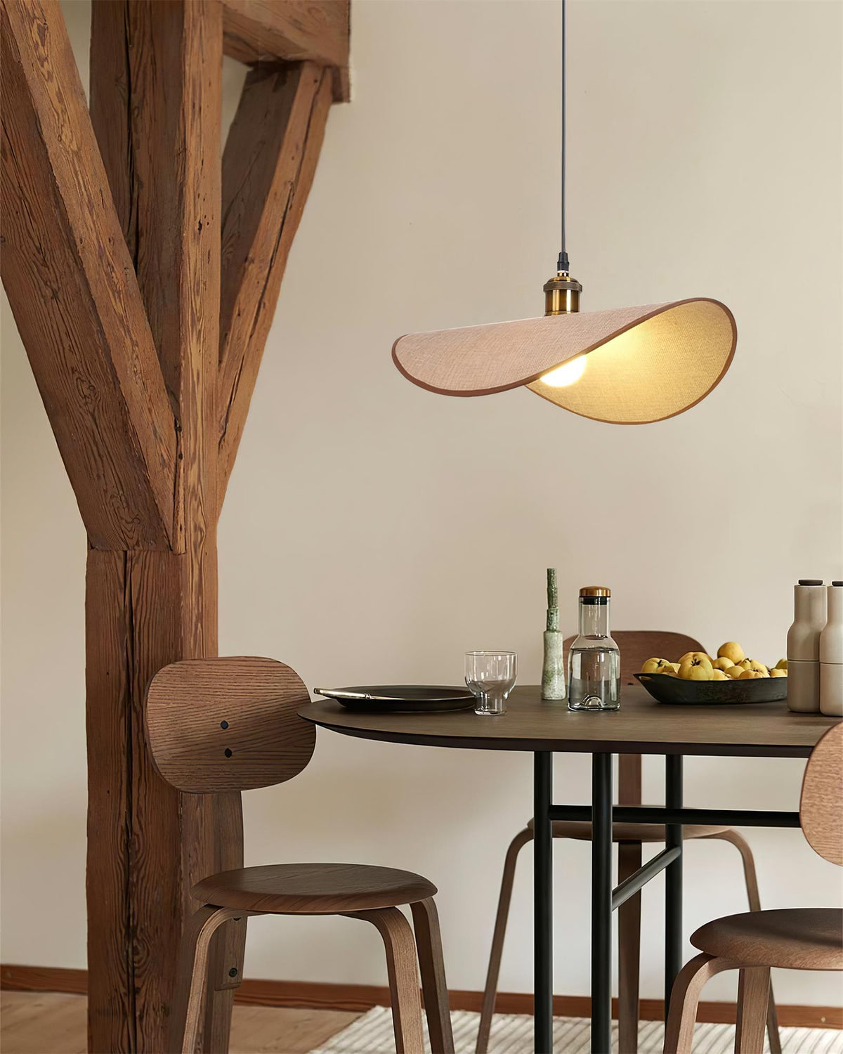 Natural Linen Ceiling Light with Wooden Accent – Contemporary Drum Pendant for Dining Room & Kitchen Island | Thomler