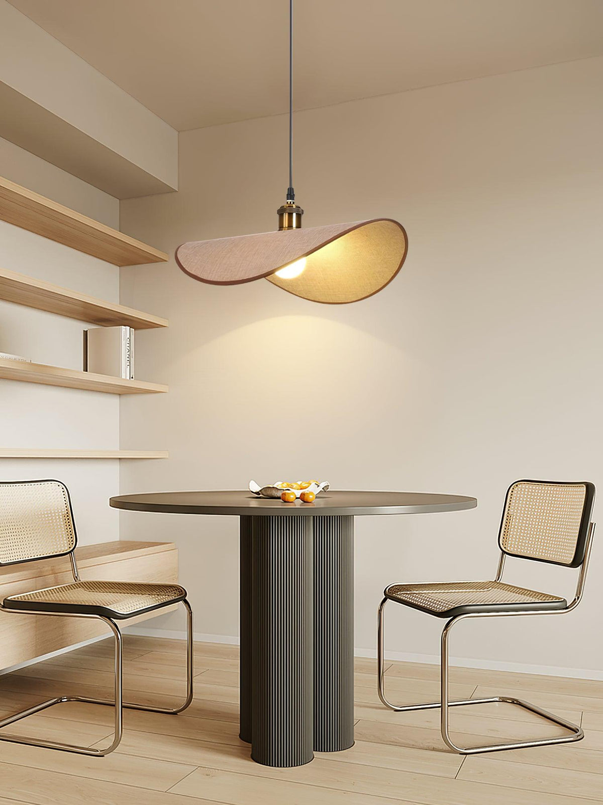 Natural Linen Ceiling Light with Wooden Accent – Contemporary Drum Pendant for Dining Room & Kitchen Island | Thomler