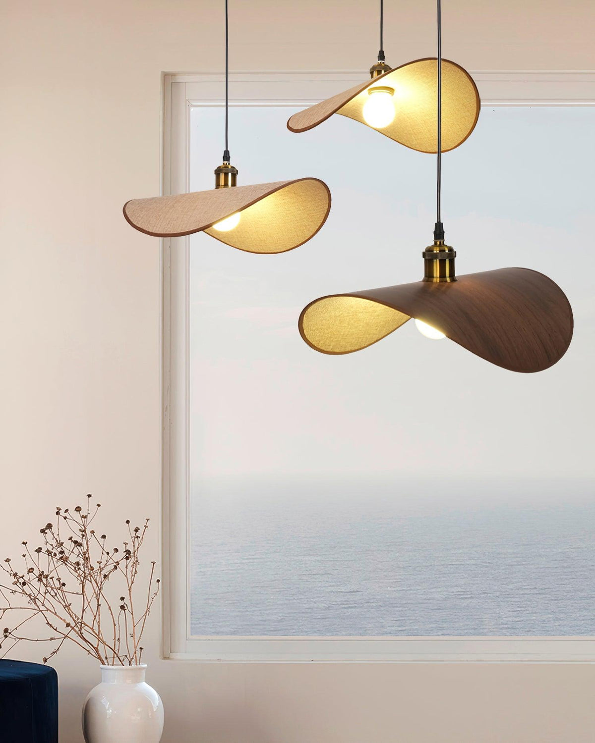 Natural Linen Ceiling Light with Wooden Accent – Contemporary Drum Pendant for Dining Room & Kitchen Island | Thomler