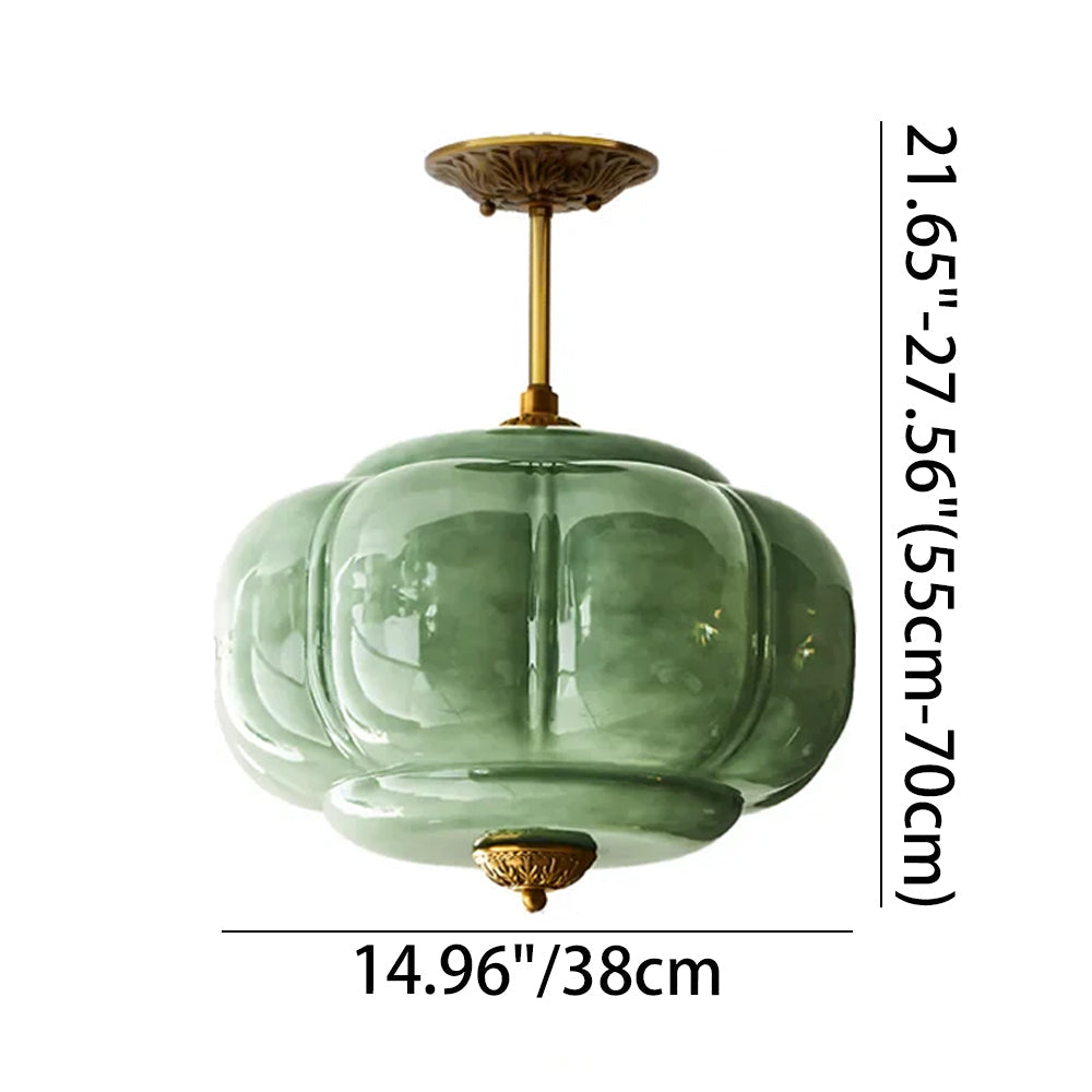 Pendant Light Glass Pumpkin Shade 38.0 cm Amber Vintage Brass Dining Room Bedroom Hanging Ceiling Lamp | Thomler