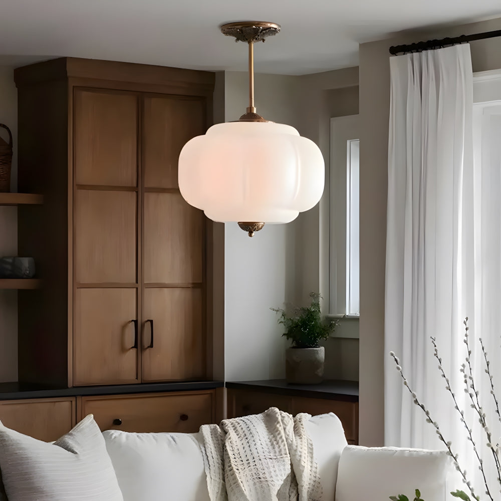 Pendant Light Glass Pumpkin Shade 38.0 cm Amber Vintage Brass Dining Room Bedroom Hanging Ceiling Lamp | Thomler