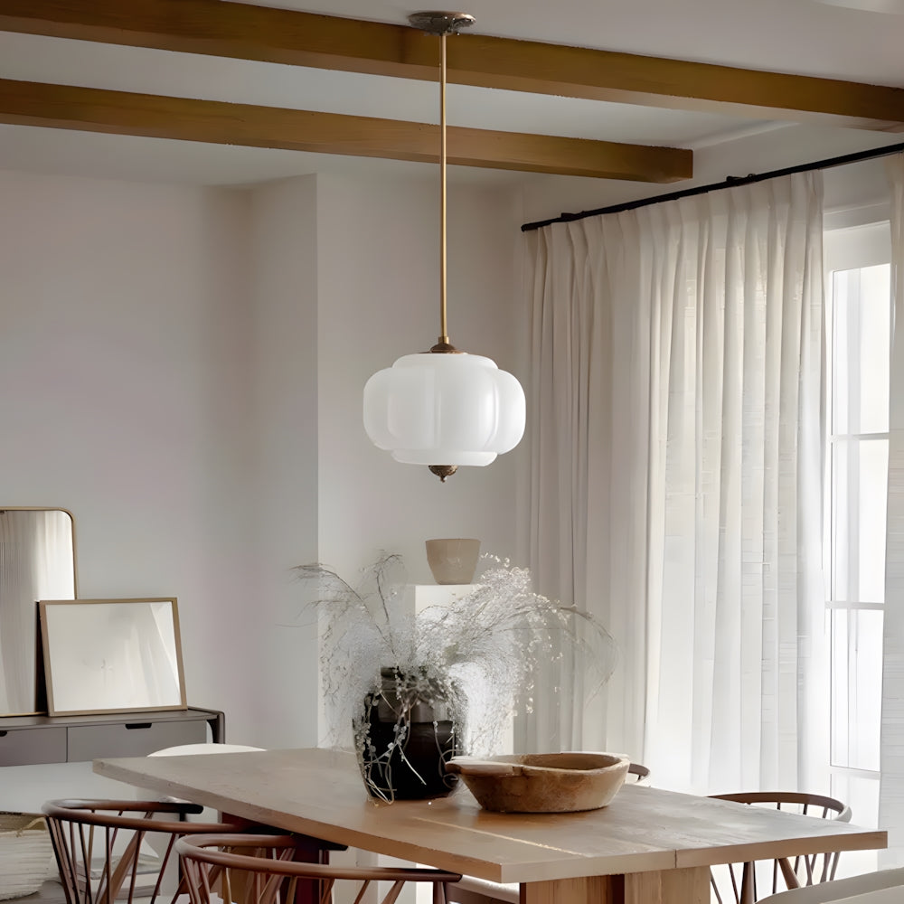 Pendant Light Glass Pumpkin Shade 38.0 cm Amber Vintage Brass Dining Room Bedroom Hanging Ceiling Lamp | Thomler