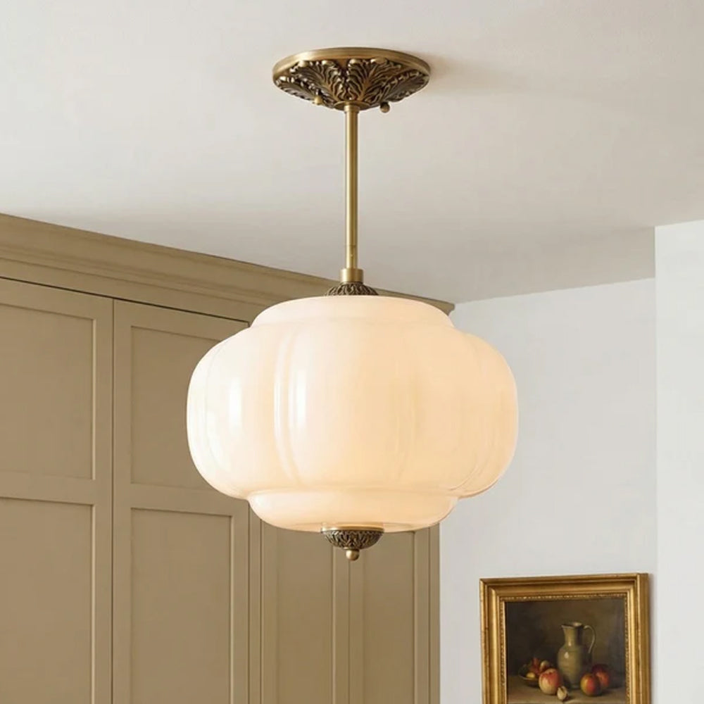 Pendant Light Glass Pumpkin Shade 38.0 cm Amber Vintage Brass Dining Room Bedroom Hanging Ceiling Lamp | Thomler