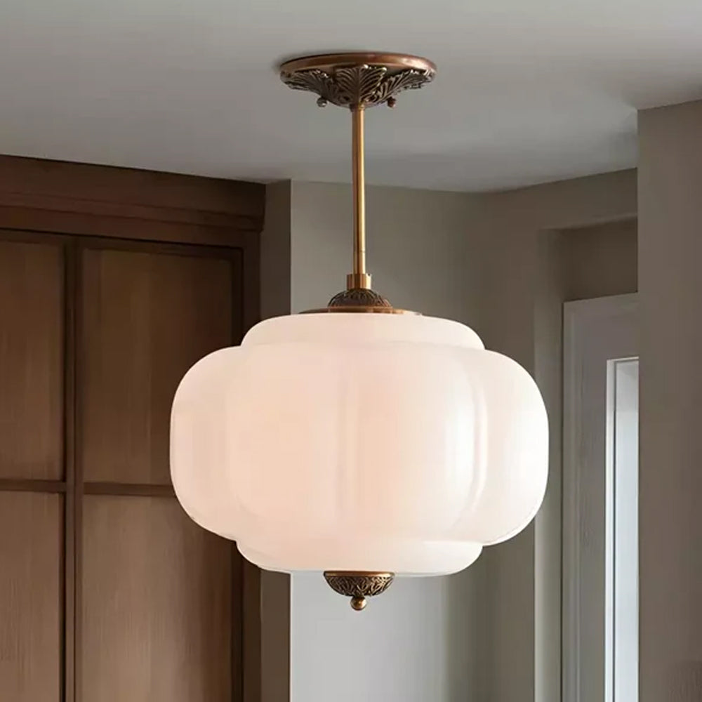 Pendant Light Glass Pumpkin Shade 38.0 cm Amber Vintage Brass Dining Room Bedroom Hanging Ceiling Lamp | Thomler