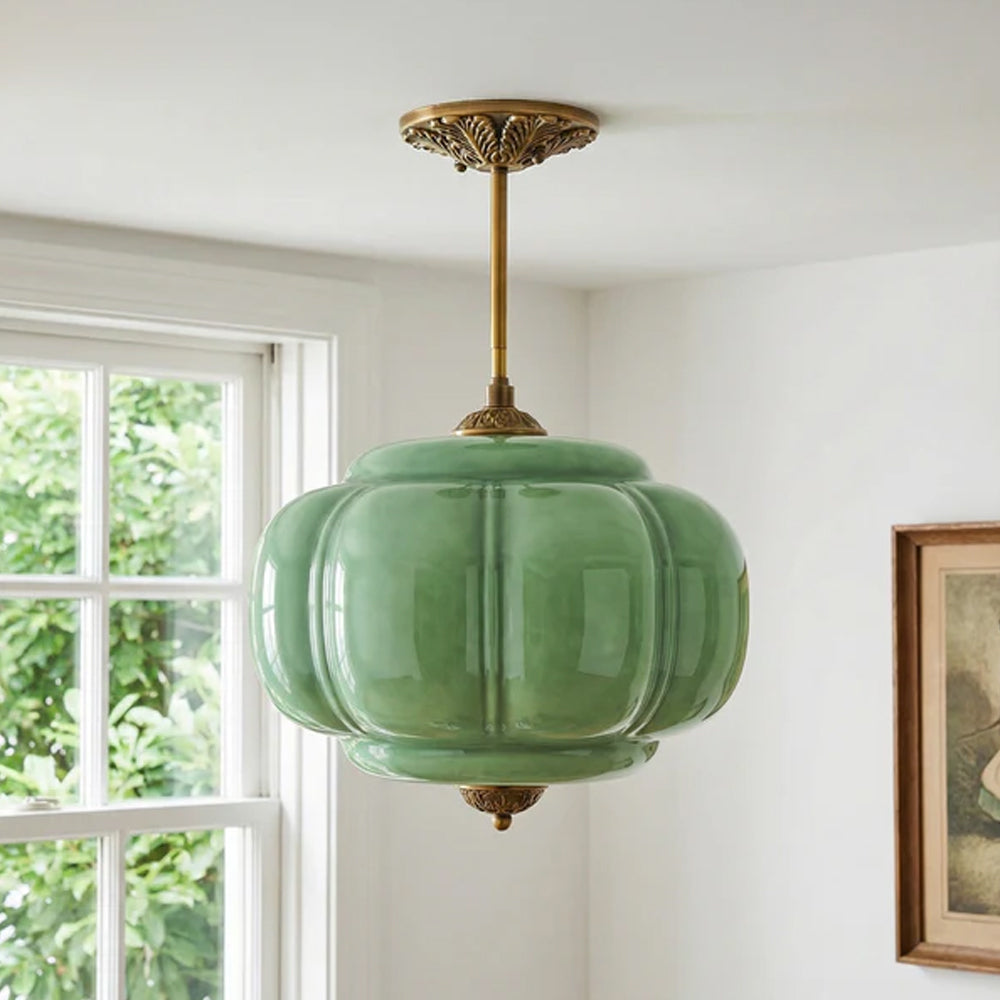 Pendant Light Glass Pumpkin Shade 38.0 cm Amber Vintage Brass Dining Room Bedroom Hanging Ceiling Lamp | Thomler
