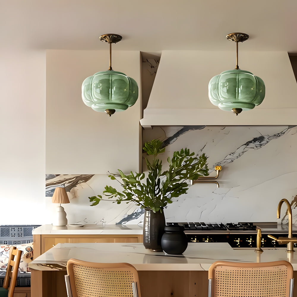 Pendant Light Glass Pumpkin Shade 38.0 cm Amber Vintage Brass Dining Room Bedroom Hanging Ceiling Lamp | Thomler