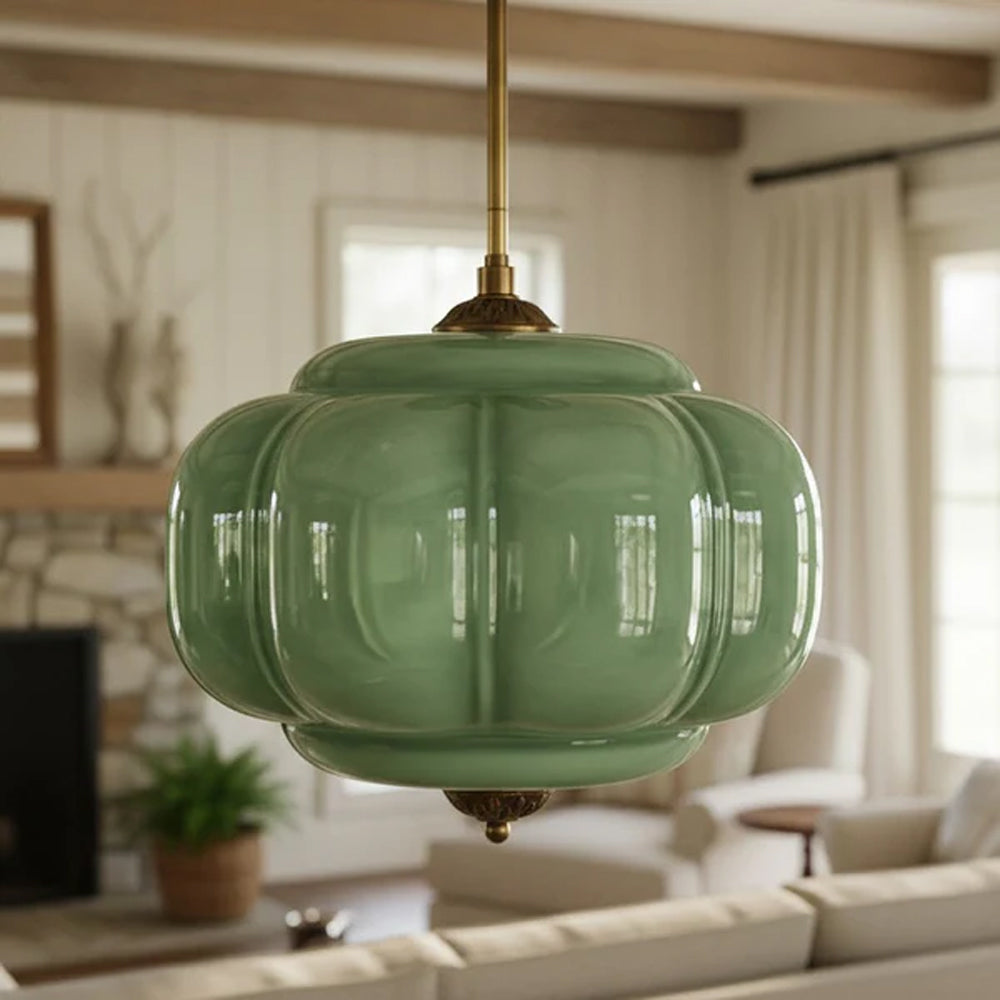Pendant Light Glass Pumpkin Shade 38.0 cm Amber Vintage Brass Dining Room Bedroom Hanging Ceiling Lamp | Thomler